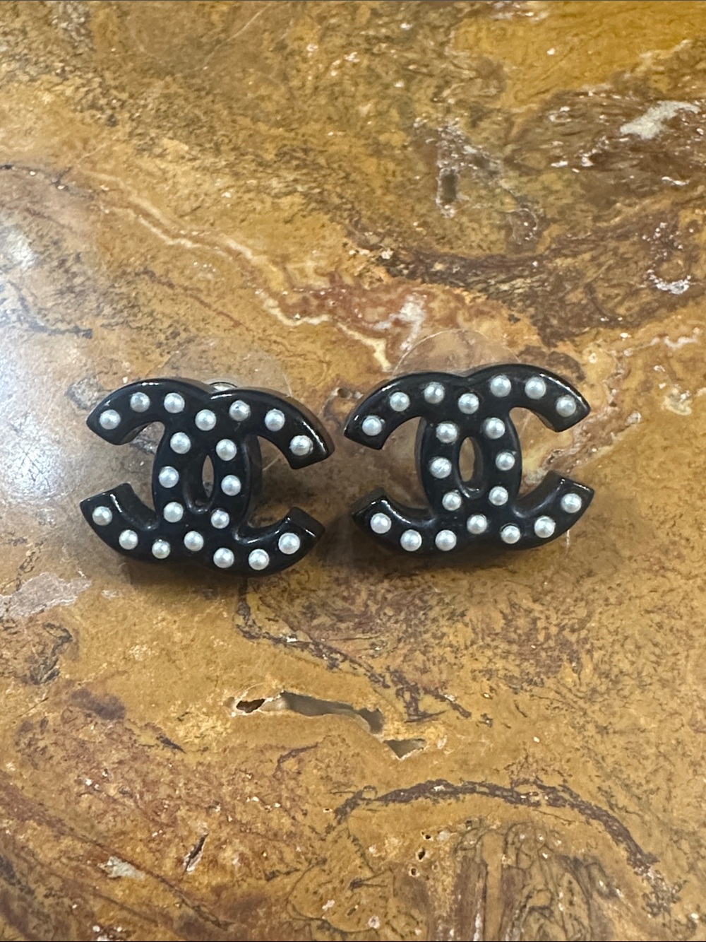 CHANEL Black CC Logo Earrings with Pearl Accents